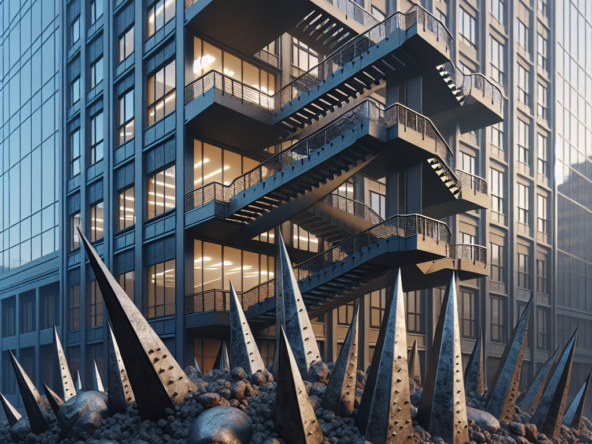 Arquitetura hostil, Um Edificio comercial na cidade onde a escadaria em sua parte inferior esta cheia de pedras ou pontas de ferro